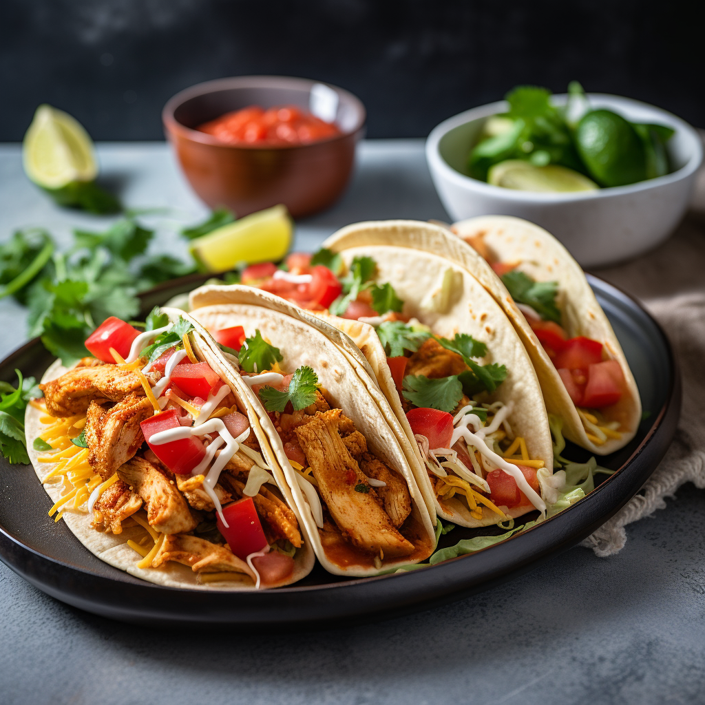 Three chicken tacos on a plate with garnishes and side dishes in the background.