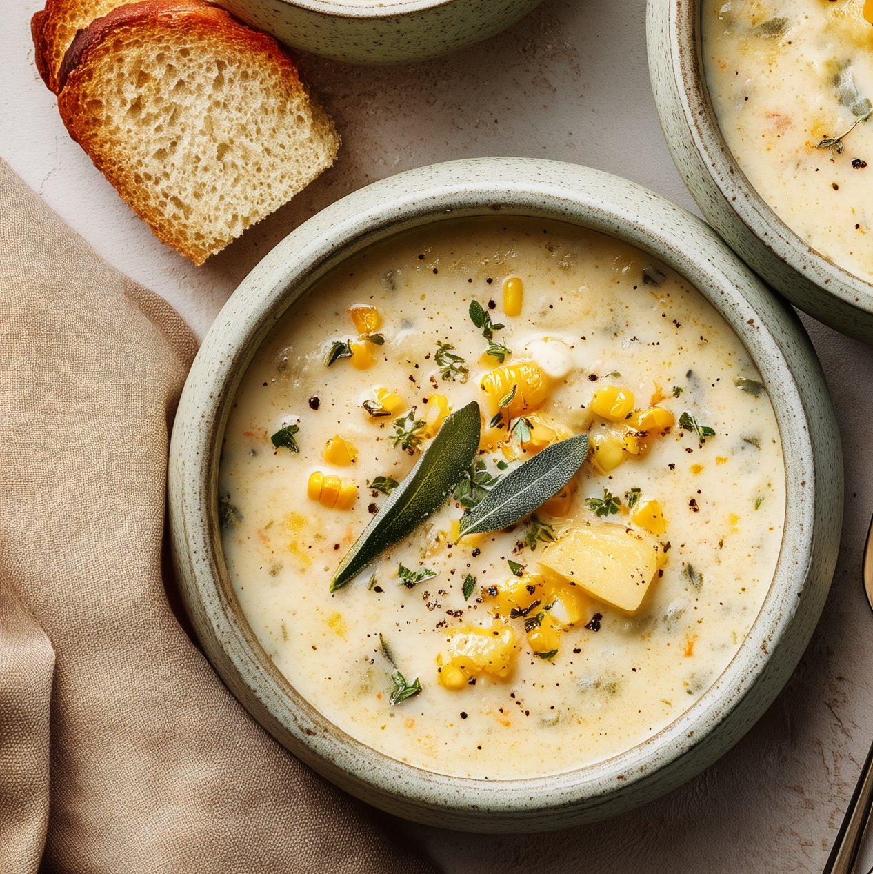 Three bowls of creamy corn chowder with bread and spoons on a light background