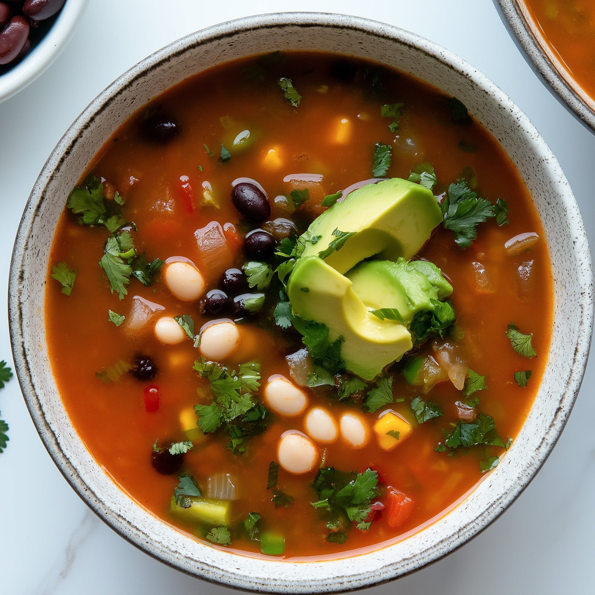  bowl of soup with avocado and cilantro on a white surface