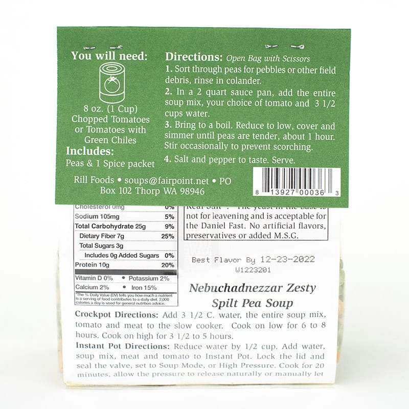 Nebuchadnezzar Zesty Split Pea Soup in Package - Back