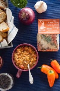 Here is a picture of our Lion's Den Red Lentil Soup prepared next to the package