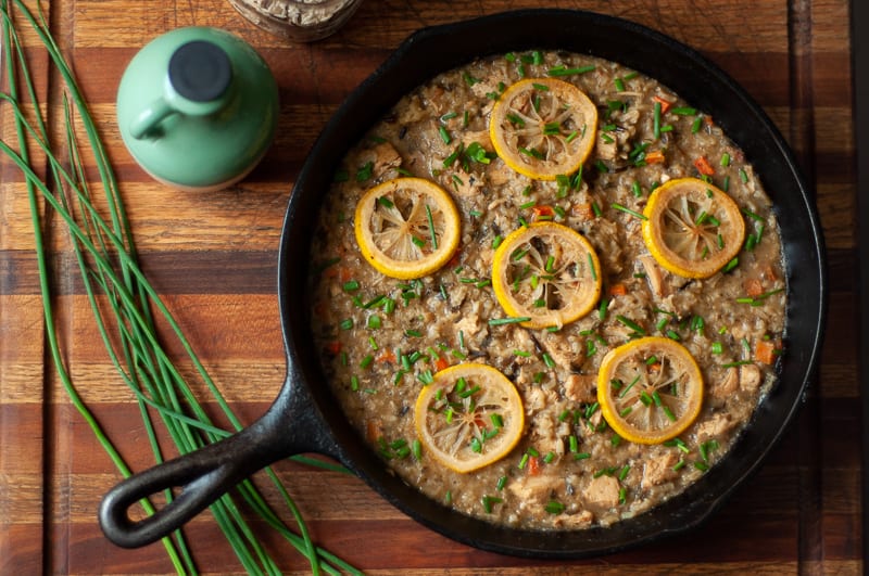 This recipe is cooked with only one-pan. Pictured is the finished recipe in a skillet.