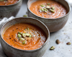 Tomato Soup garnished with pumpkin seeds